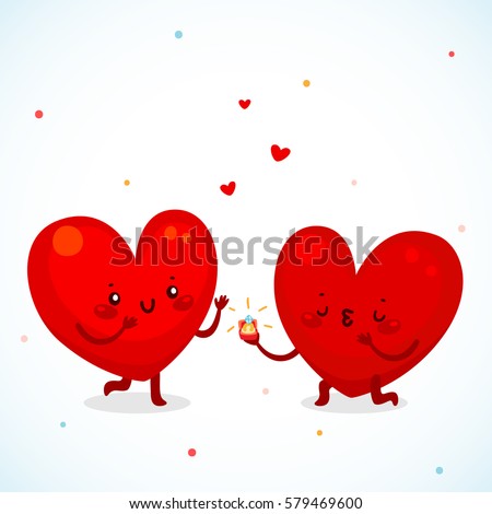 Two loving hearts, the man makes a proposal of marriage, the relationship of lovers, cartoon characters.