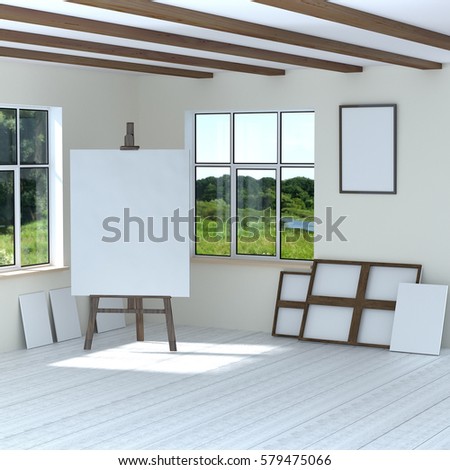 3d illustration of a free artist workshop easel empty blank canvas frames. The bright room with two windows and a view of the forest and the lake. High-quality rendering