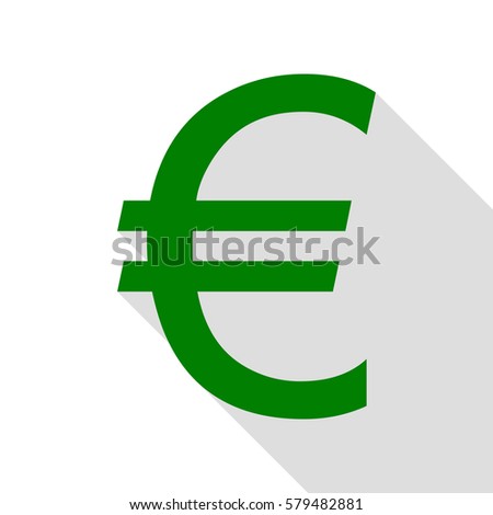 Euro sign. Green icon with flat style shadow path.