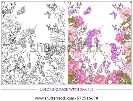 Poster with the unicorn, a bouquet of roses and butterflies on white background. Outline drawing coloring page with colored sample. Coloring book for adult. Stock vector.
