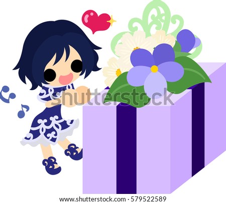 Illustration of a cute girl and a present of violet