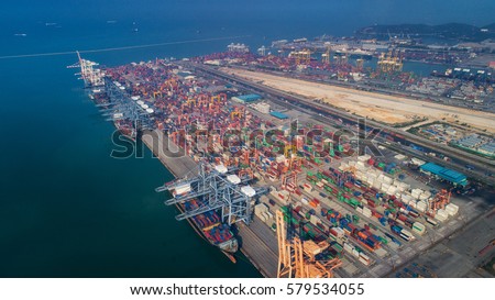 Landscape from bird eye view for Laem chabang logistic port, Chonburi, Thailand. Logistic, delivery container and delivery concept Royalty-Free Stock Photo #579534055
