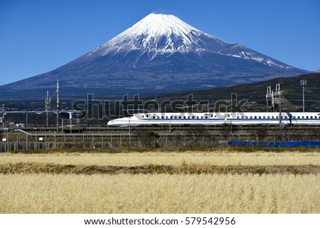High Speed Bullet Train Tokaido Shinkansen and Fuji mountain with rice field, Fuji, Shizuoka, Japan Royalty-Free Stock Photo #579542956