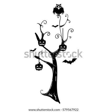monochrome background halloween tree with pumpkins and bats