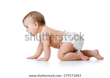 side view of pretty crawling baby isolated Royalty-Free Stock Photo #579571843