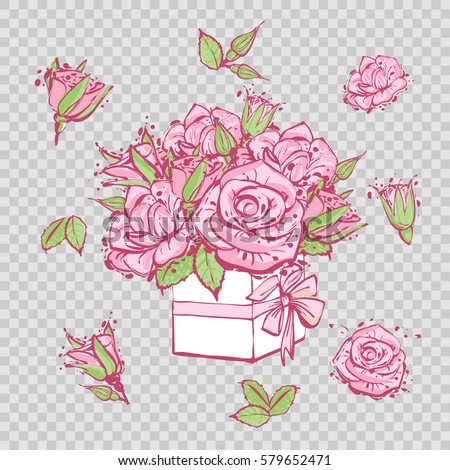 Buds, young rose flower, green leaves, bouquet of roses. Wedding patches illustration. Design composition for t-shirt, phone cover, cards print. Vector fashion hand drawn art in watercolor style.