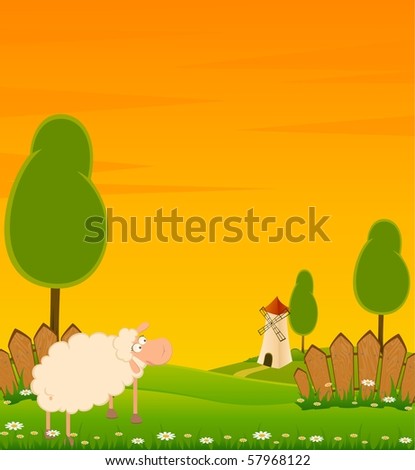 Landscape background with house and cartoon sheep