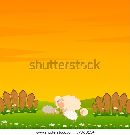 family of cartoon sheep on landscape background