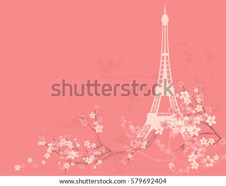 spring Paris vector background - eiffel tower silhouette among sakura flower branches.
