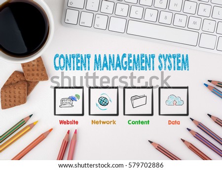 Content Management System Concept. White office desk
