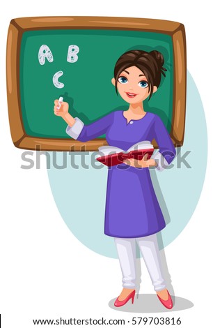 Vector illustration of school teacher with green chalkboard holding a book