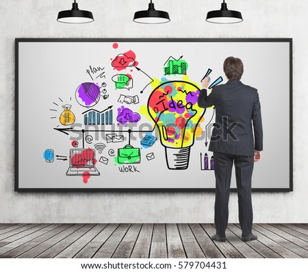 Rear view of a businessman drawing a giant and colorful idea sketch on a whiteboardl. Concept of creativity in business.
