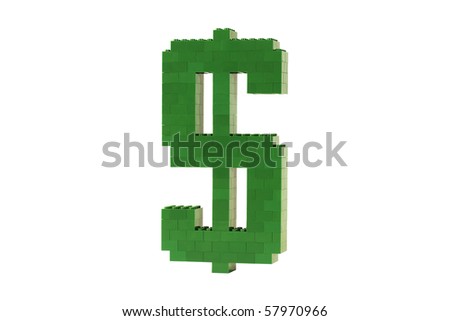 A green Dollar symbol constructed from toy bricks and shot against a white background at an angle to show it's 3D nature.