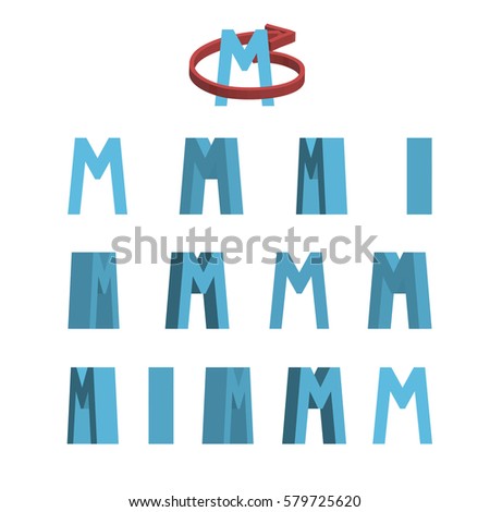 Sheet of sprites. Rotation of cartoon 3d letter M. Isolated on white background. Vector illustration.