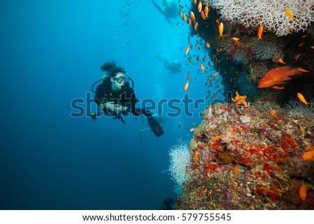 Young woman scuba diver exploring coral reef, Maldives atolls, Indian Ocean. Lot of beautiful colored small fish and soft coral on foreground