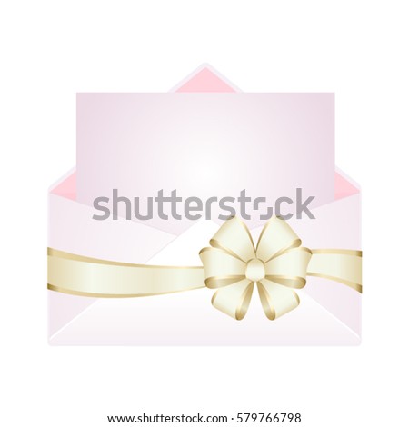 Letter in an envelope decorated with  golden ribbon bow. Illustration isolated on white background.