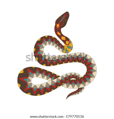 Vector illustration of the snake, isolated. Artwork in ethnic and zentangle style. T-shirt, print, card, poster, tattoo design