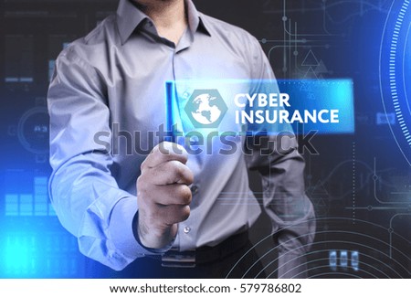 Business, Technology, Internet and network concept. Young businessman showing a word in a virtual tablet of the future: Cyber insurance