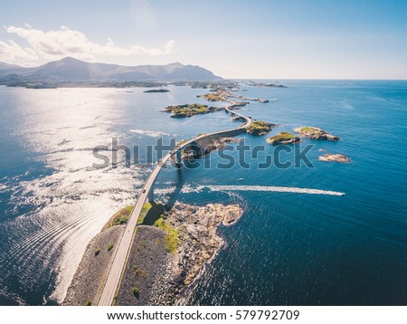 Aerial drone shot of stunning Atlantic Road in Norway Royalty-Free Stock Photo #579792709