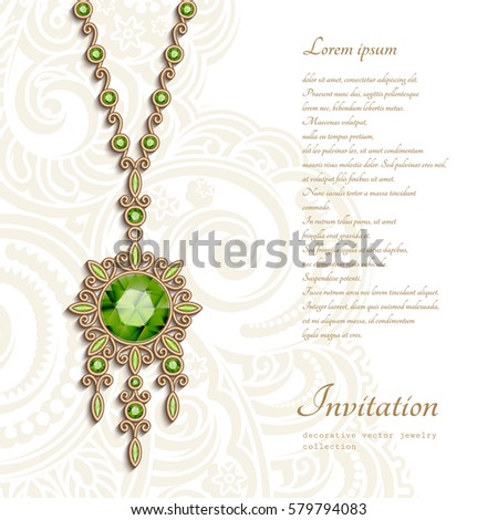 Vintage gold jewelry necklace with green gemstones, round filigree locket with chain and pendants, vector women's decoration, elegant greeting card or invitation template, eps10