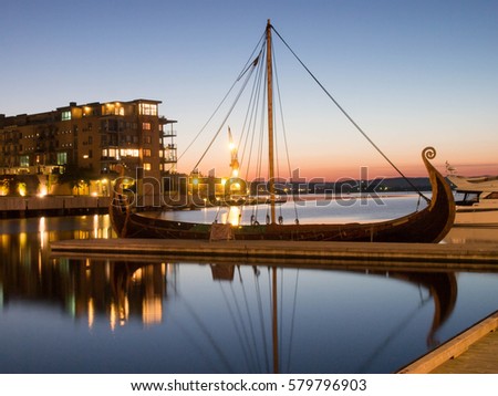 The Oseberg Viking Ship in the fjord, Tonsberg, Norway.