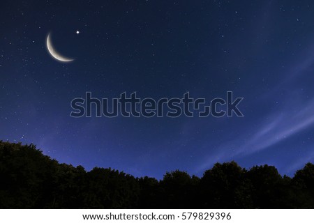 Night sky landscape and moon, stars, Ramadan Kareem celebration Royalty-Free Stock Photo #579829396
