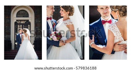 Three-in-one picture of stylish wedding couple hugging each other tender
