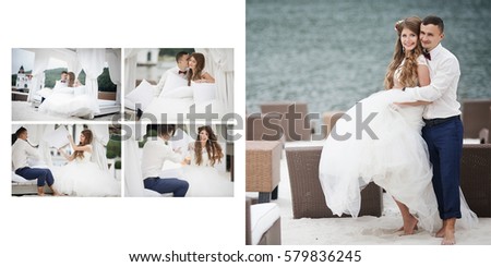 Four-in-one picture of wedding couple having fun on the beach