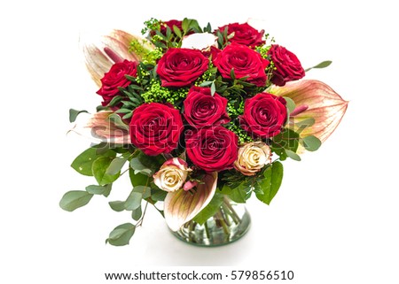 Bouquet of roses isolated on a white background, bouquet made of roses and flamingo