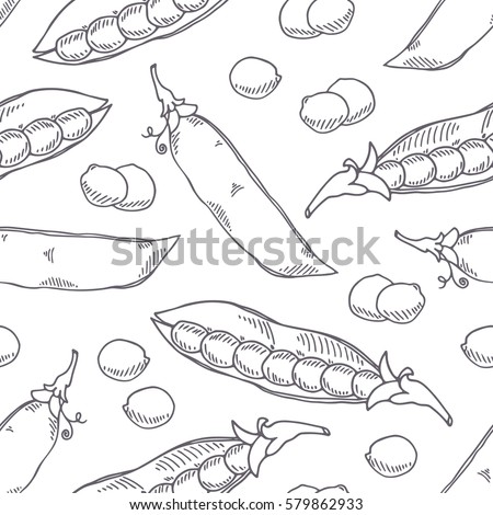 Hand drawn seamless pattern with pea. Monochrome background in sketch style. Vector illustration Royalty-Free Stock Photo #579862933