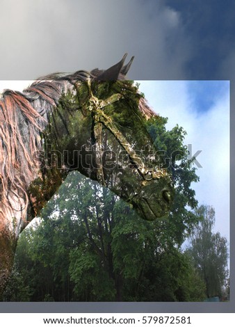 horse in a magical forest with sun and fog between the trees