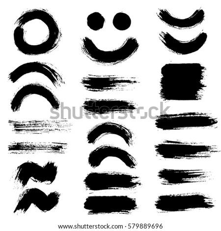 Grunge paint vector. Painted brush strokes. Round text box set. Distress texture backgrounds. Hand drawn banner, label, frame shapes. Black textured design elements. Grungy scratch effect.