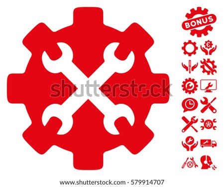 Service Tools icon with bonus options pictograph collection. Vector illustration style is flat iconic red symbols on white background.
