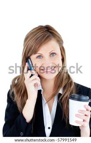 Smiling businesswoman talking on phone holding a coffee against white background