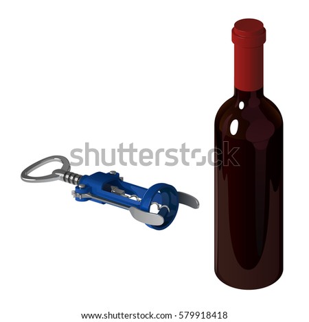 Blue mechanical corkscrew for opening wine bottles and closed bottle of red wine on a white background 