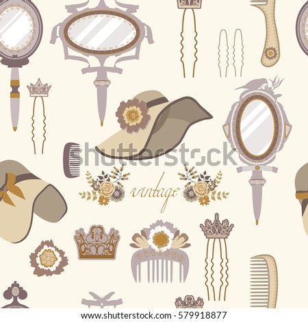 Seamless pattern of the mirrors, hats, pins, combs and crowns. Can be used as a background for the site and design of the fabric. Vector. Fashion and accessories of the golden 20s 
