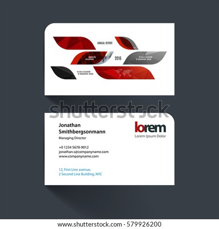 Vector business card template with red dynamic geometric shapes for eco, business, tech. Simple and clean design. Creative corporate identity layout set with effects.
