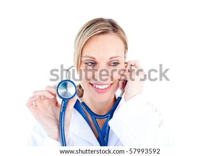 Radiant young female doctor holding a stethoscope against white background