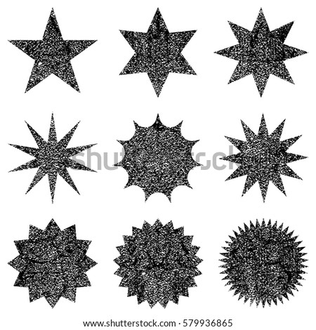 Collection retro stars shapes. Elements grunge texture to create distressed effect. Black sparkles. Best for sale sticker, price label, quality sign. Vintage postal stamps and postmarks.