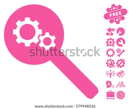 Search Gears Tool icon with bonus service clip art. Vector illustration style is flat iconic pink symbols on white background.