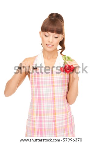 picture of beautiful housewife with big knife and radish