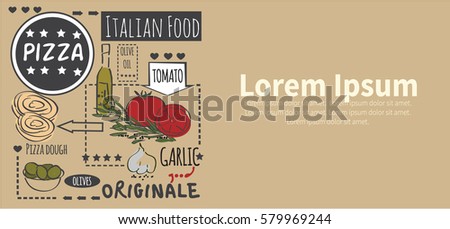 Different types of authentic Italian pizza. Hand drawn set. Race Group Banner. Vector illustration in vintage style. Menu or signboard template for restaurant.