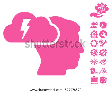 Brainstorming pictograph with bonus tools images. Vector illustration style is flat iconic pink symbols on white background.