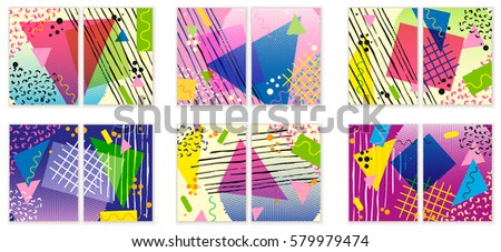 Colorful trendy Neo Memphis geometric poster. Retro style texture, pattern and geometric elements. Modern abstract design poster, cover, card design.