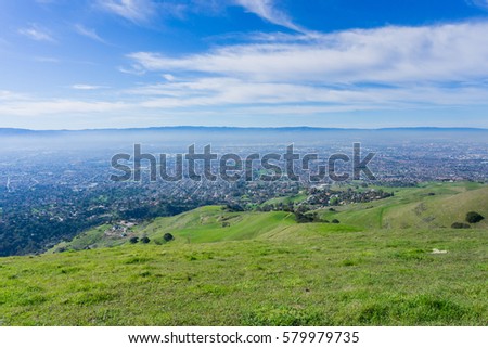 View towards San Jose from the hills of Sierra Vista Open Space Preserve, south San Francisco bay, California