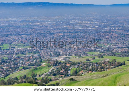 View towards San Jose from the hills of Sierra Vista Open Space Preserve, south San Francisco bay, California