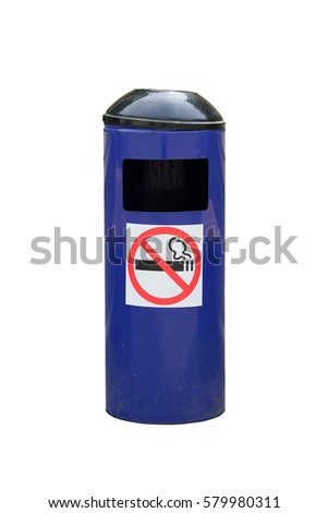 blue metal city trash can with ashtray and no smoking sticker isolated on white background