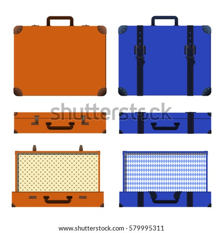 Set of old suitcases. Brown and blue retro suitcase. Vintage baggage. Vintage travel bags. Vector illustration.