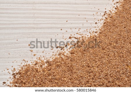 Flour from different grains and seeds, good for preparing healthy products on a white wooden background. Space for text