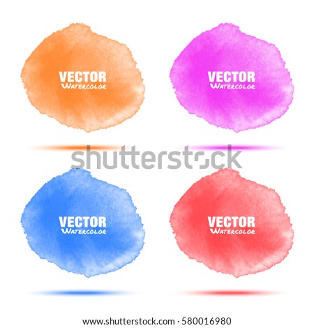 Set of bright red orange blue violet watercolor vector circle stains isolated on white background with realistic paper watercolor texture. Aquarelle vibrant spots. Blur light wash drawing elements